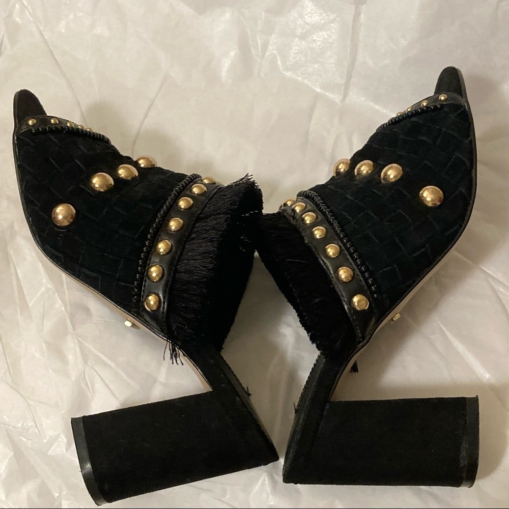 Carvela Kurt Geiger ‘Gander’ Mid Heel  Gold Studded Black Suede Mule Heels 37 - Picture 7 of 16